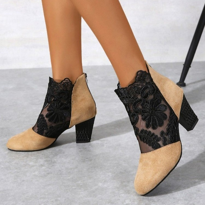 Helena™ | Floral-Lace Block Heel Ankle Boots