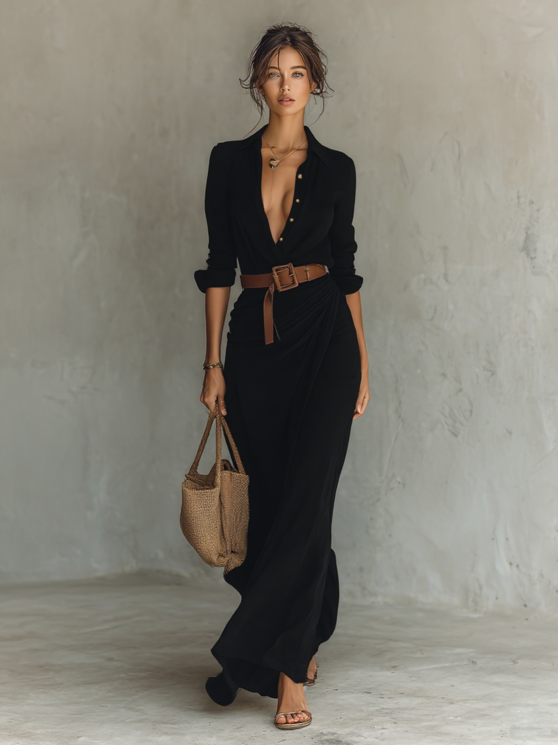 Philippine™ | Maxi Wrap Dress with Lapel Collar & Long Sleeves
