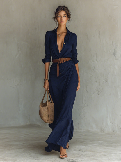 Philippine™ | Maxi Wrap Dress with Lapel Collar & Long Sleeves
