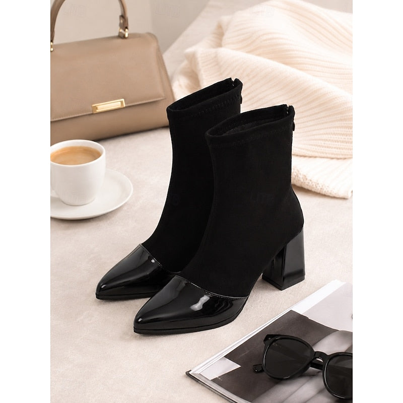 Lucia™ | Sleek Cap-Toe Chunky Heel Ankle Boots