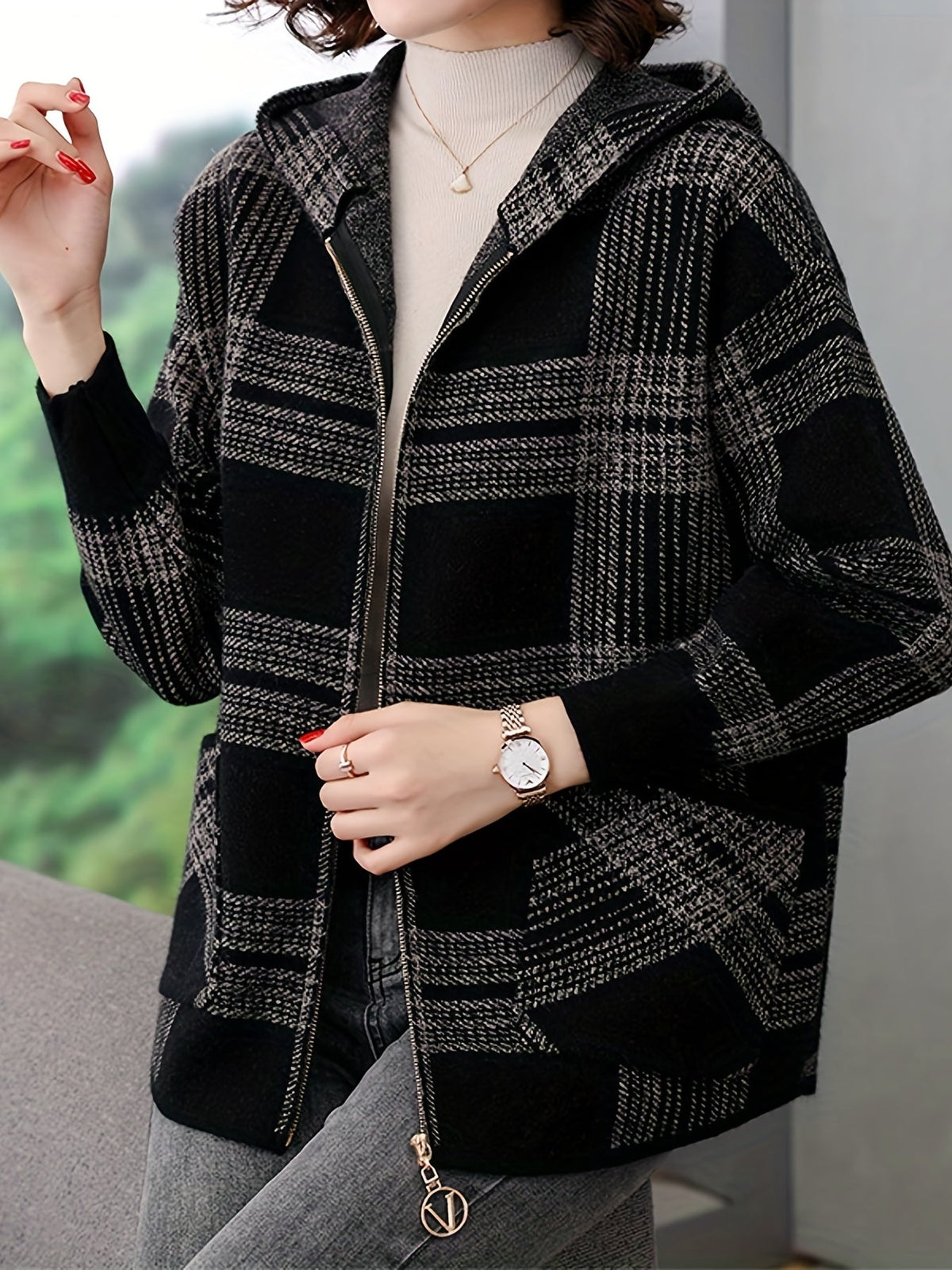 Delaney™ | Checked Hooded Zip-Up Jacket