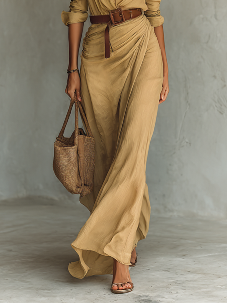 Philippine™ | Maxi Wrap Dress with Lapel Collar & Long Sleeves