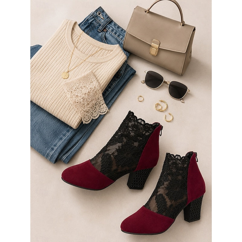 Helena™ | Floral-Lace Block Heel Ankle Boots