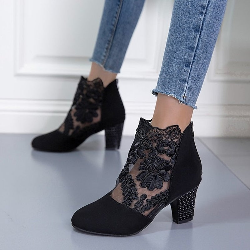 Helena™ | Floral-Lace Block Heel Ankle Boots