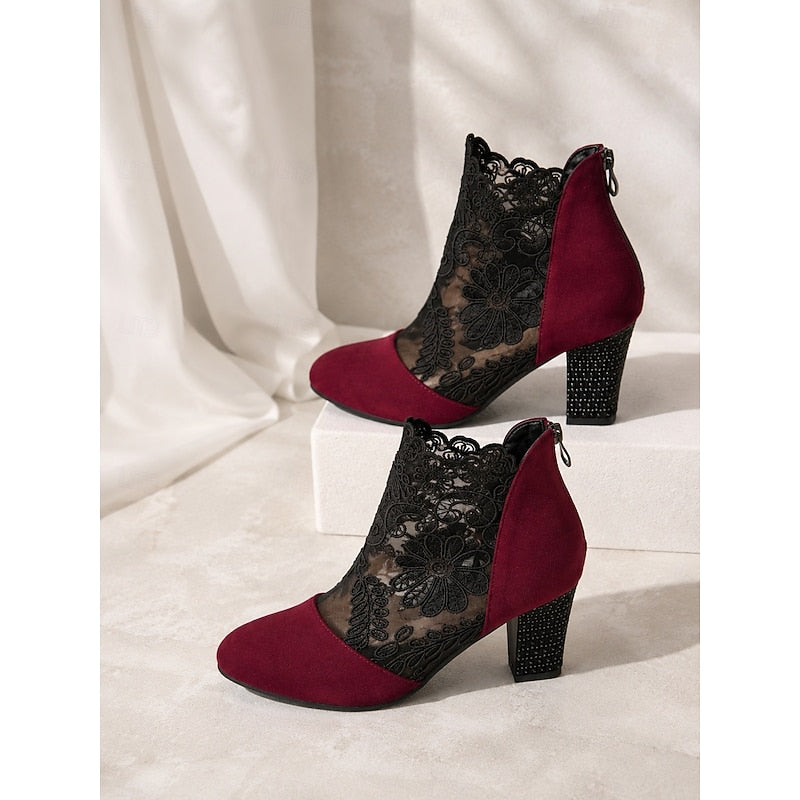 Helena™ | Floral-Lace Block Heel Ankle Boots