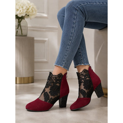Helena™ | Floral-Lace Block Heel Ankle Boots