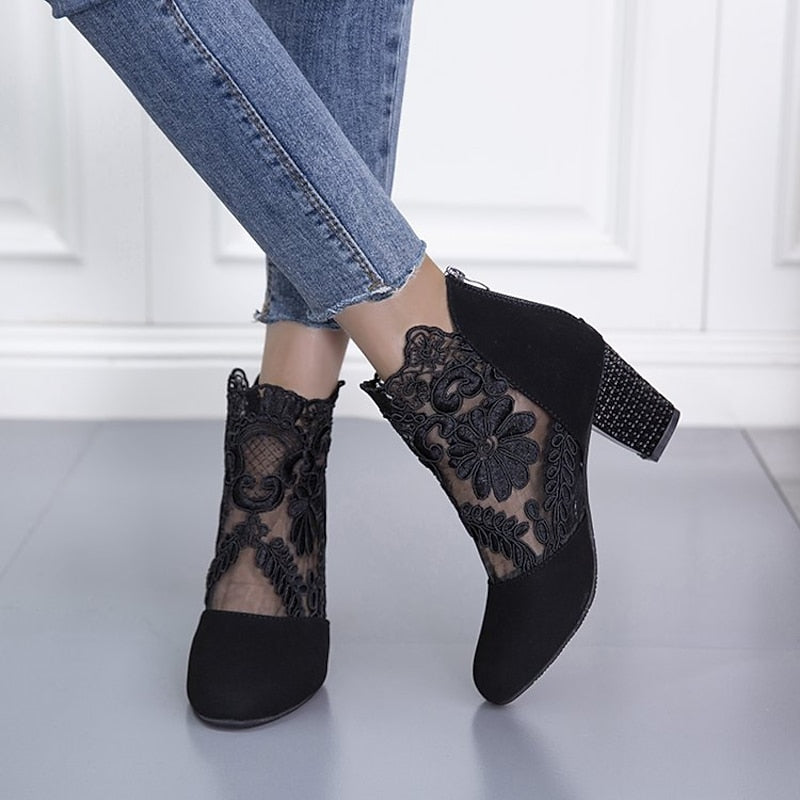 Helena™ | Floral-Lace Block Heel Ankle Boots