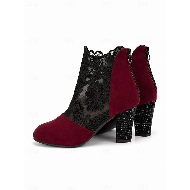 Helena™ | Floral-Lace Block Heel Ankle Boots