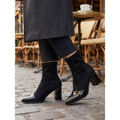Lucia™ | Sleek Cap-Toe Chunky Heel Ankle Boots